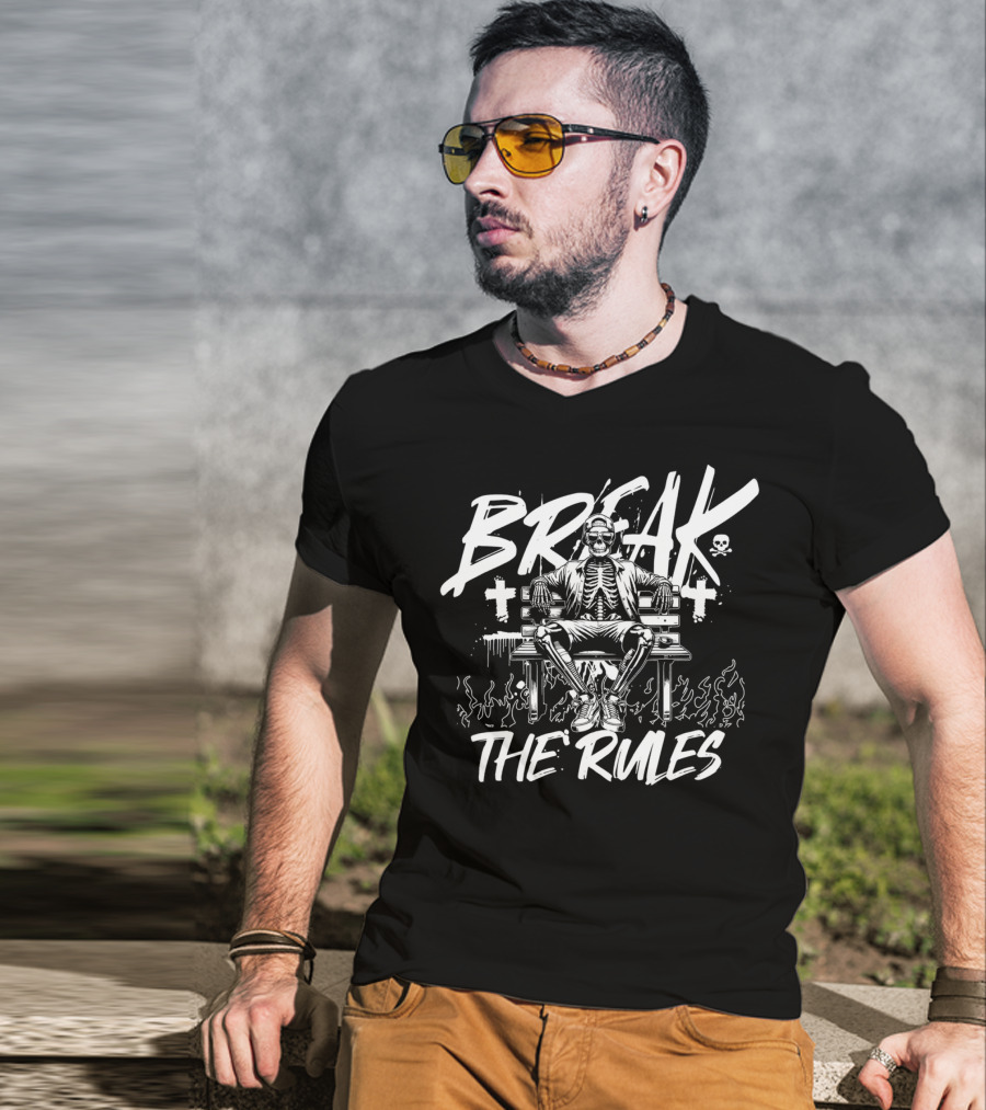 BREAK THE RULES Skeleton Bench Fire Skulls Crosses T-Shirt
