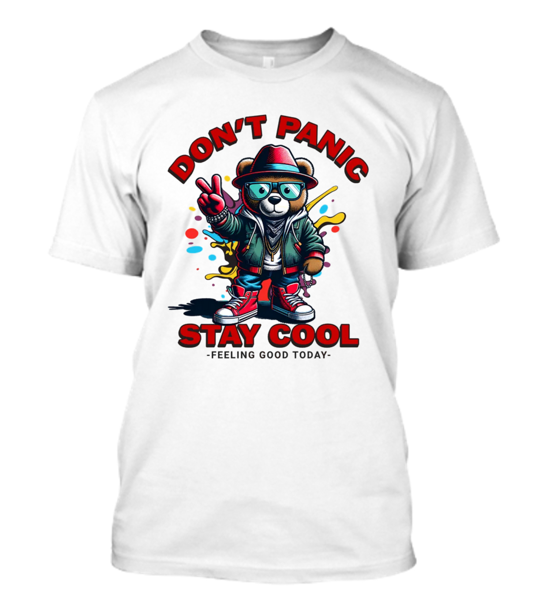 Don't Panic Stay Cool Feeling Good Today Bear With Peace Sign T-Shirt