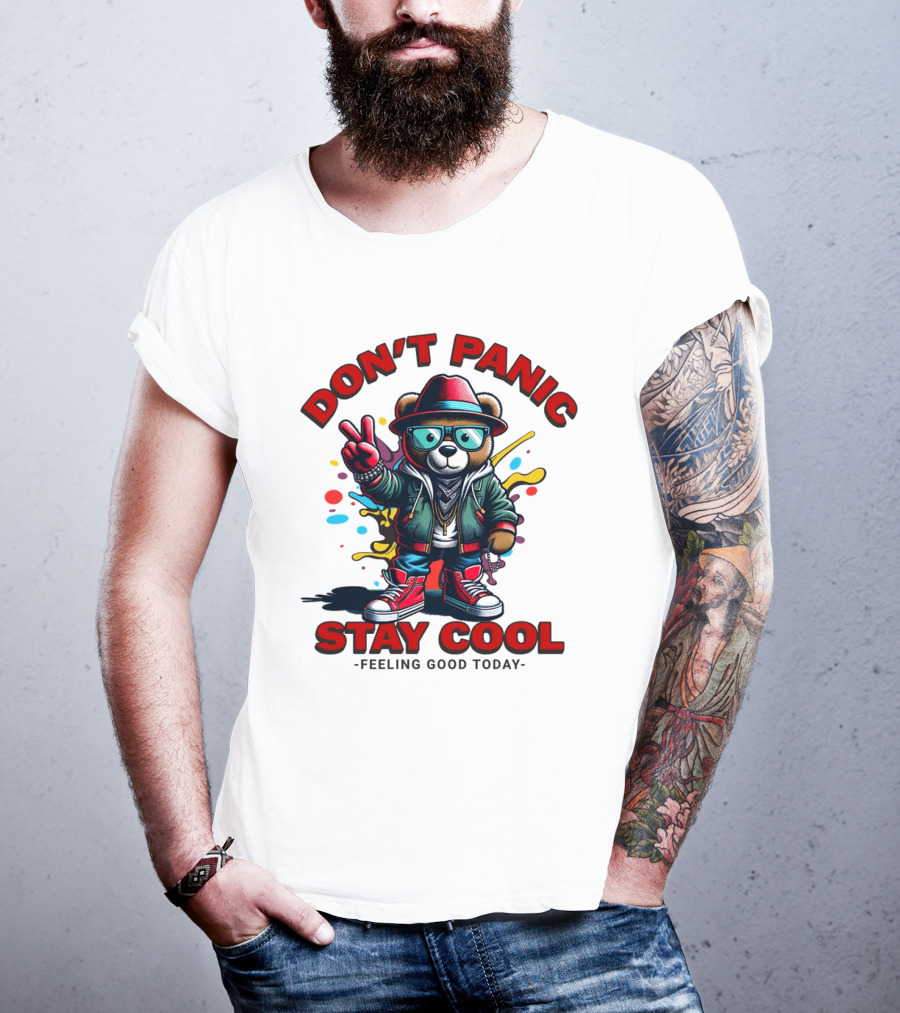 Don't Panic Stay Cool Feeling Good Today Bear With Peace Sign T-Shirt