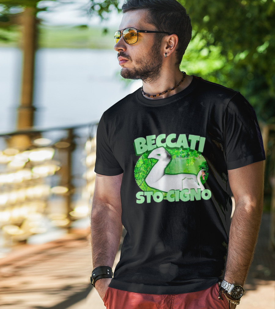 Beccati Sto Cigno Goose Meme - Italian Humor With Green Lake Background T-Shirt
