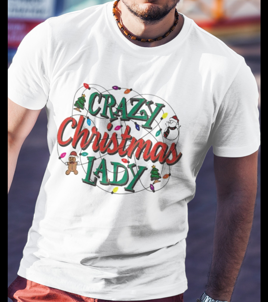 Crazy Christmas Lady Lights Gingerbread Tree Stocking T-Shirt