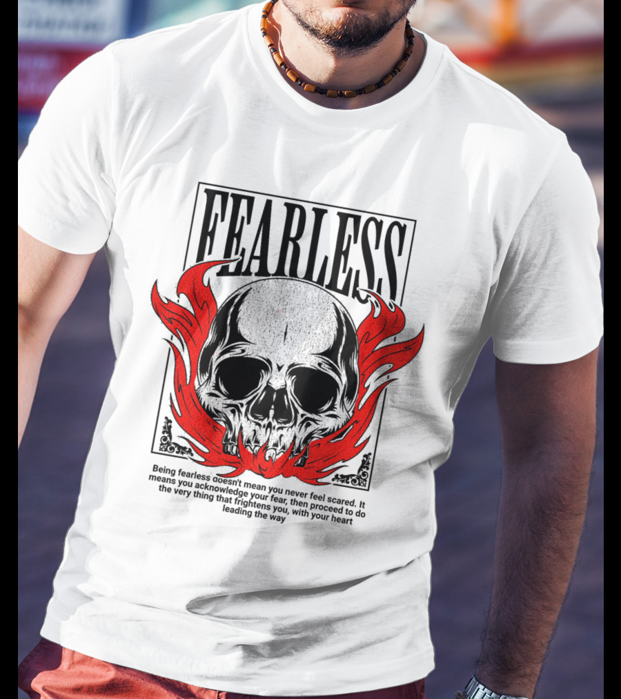 FEARLESS Skull With Red Flames Street Wear T-Shirt
