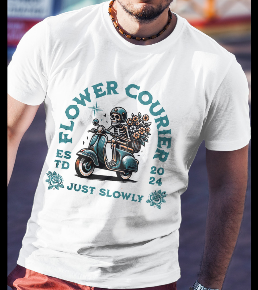 Flower Courier Skeleton Vespa Rider Just Slowly T-Shirt