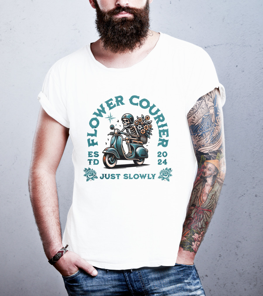 Flower Courier Skeleton Vespa Rider Just Slowly T-Shirt
