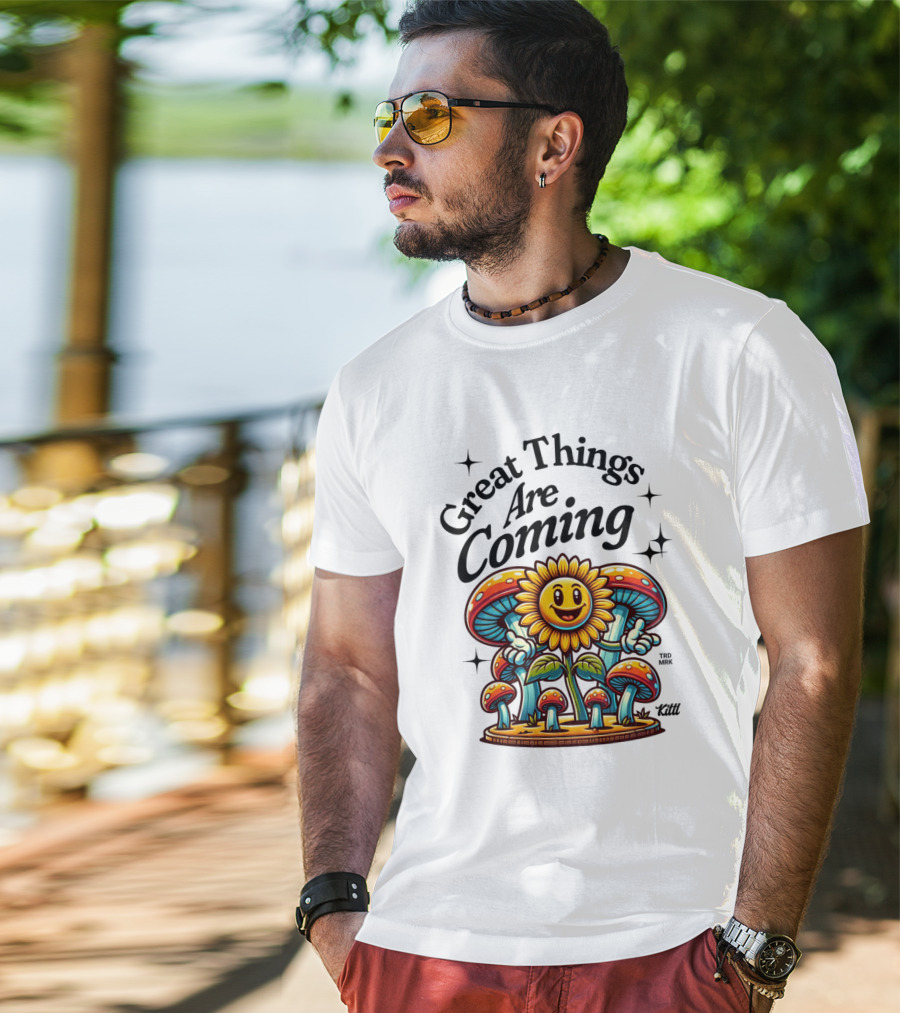 Great Things Are Coming Sunflower With Colorful Mushrooms And Stars T-Shirt