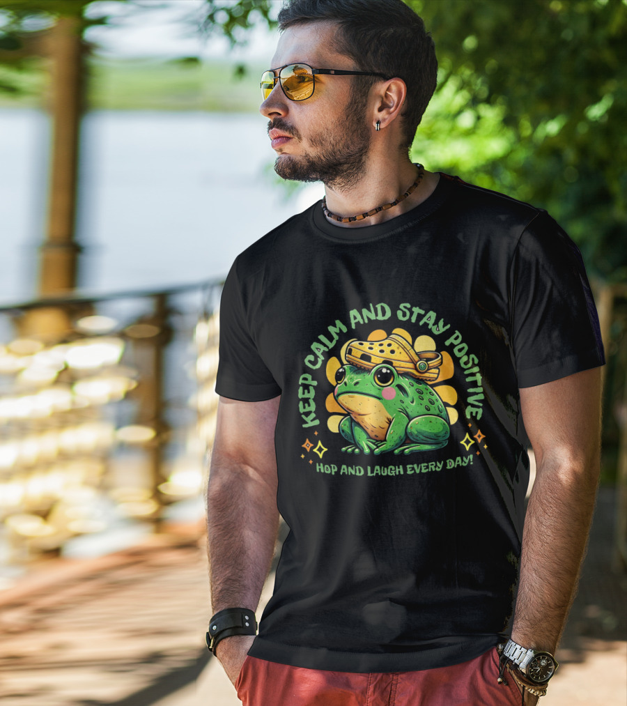 Keep Calm And Stay Positive Hop And Laugh Every Day Funny Frog Motivation T-Shirt
