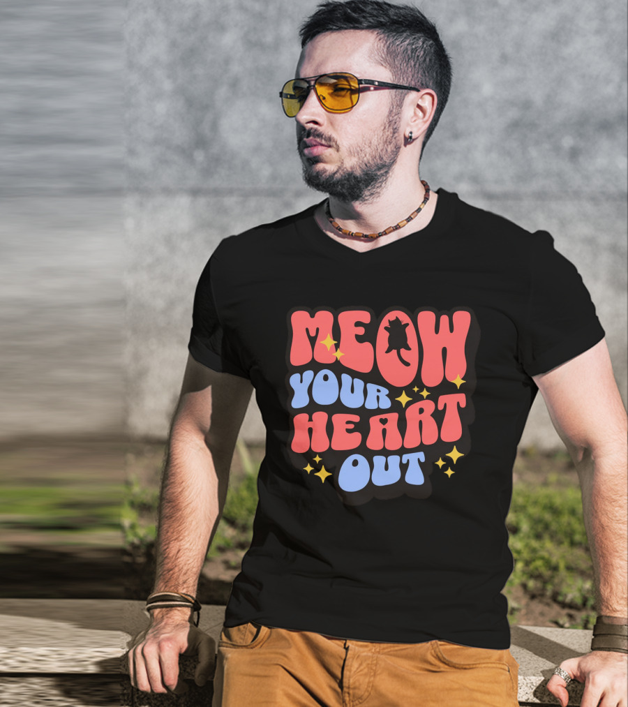 MEOW YOUR HEART OUT Retro Cat Stars T-Shirt