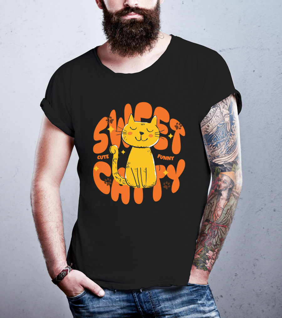 Cute Funny Sweet Cat Happy Yellow Cat With Paw Prints T-Shirt
