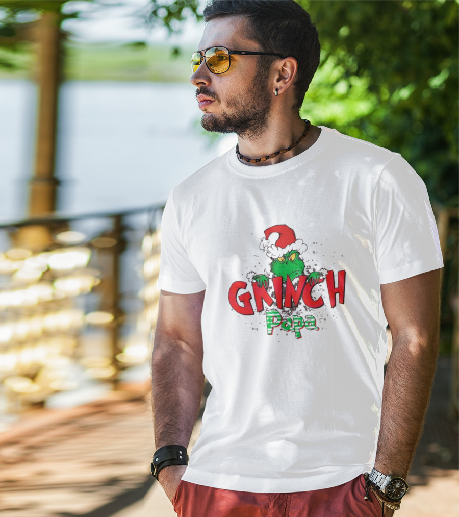 Grinch Christmas Papa Theme With Santa Hat T-Shirt
