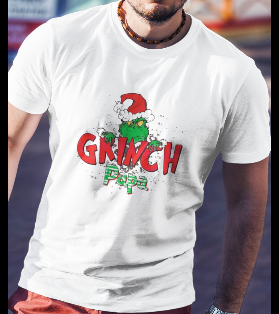 Grinch Christmas Papa Theme With Santa Hat T-Shirt