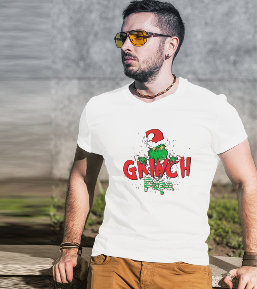 Grinch Christmas Papa Theme With Santa Hat T-Shirt
