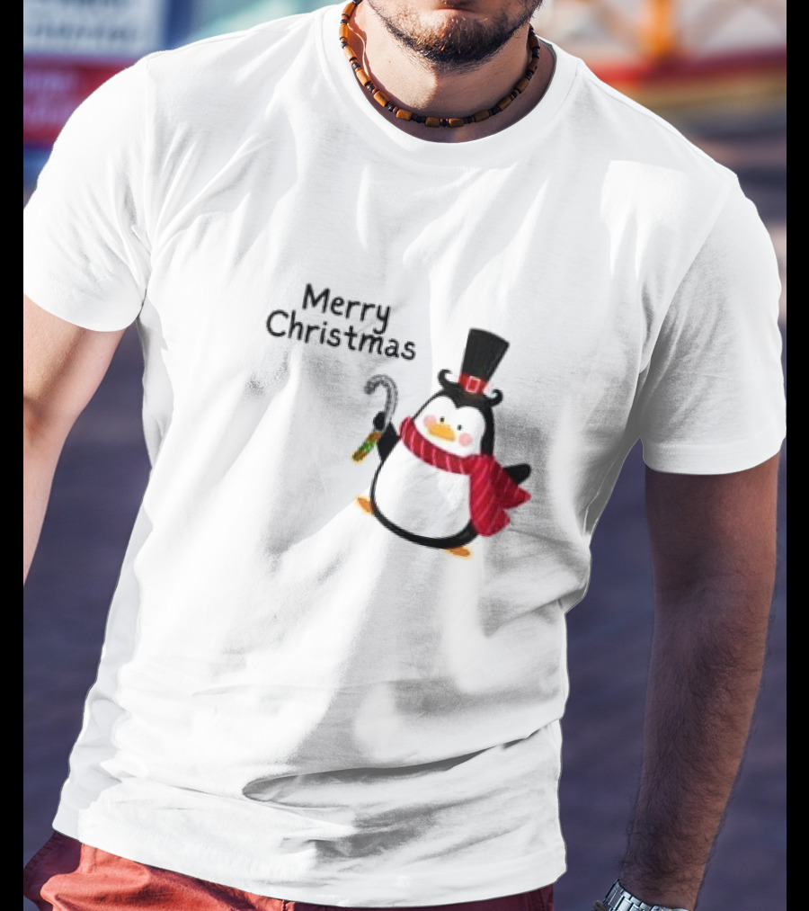Merry Christmas Penguin With Candy Cane And Top Hat T-Shirt