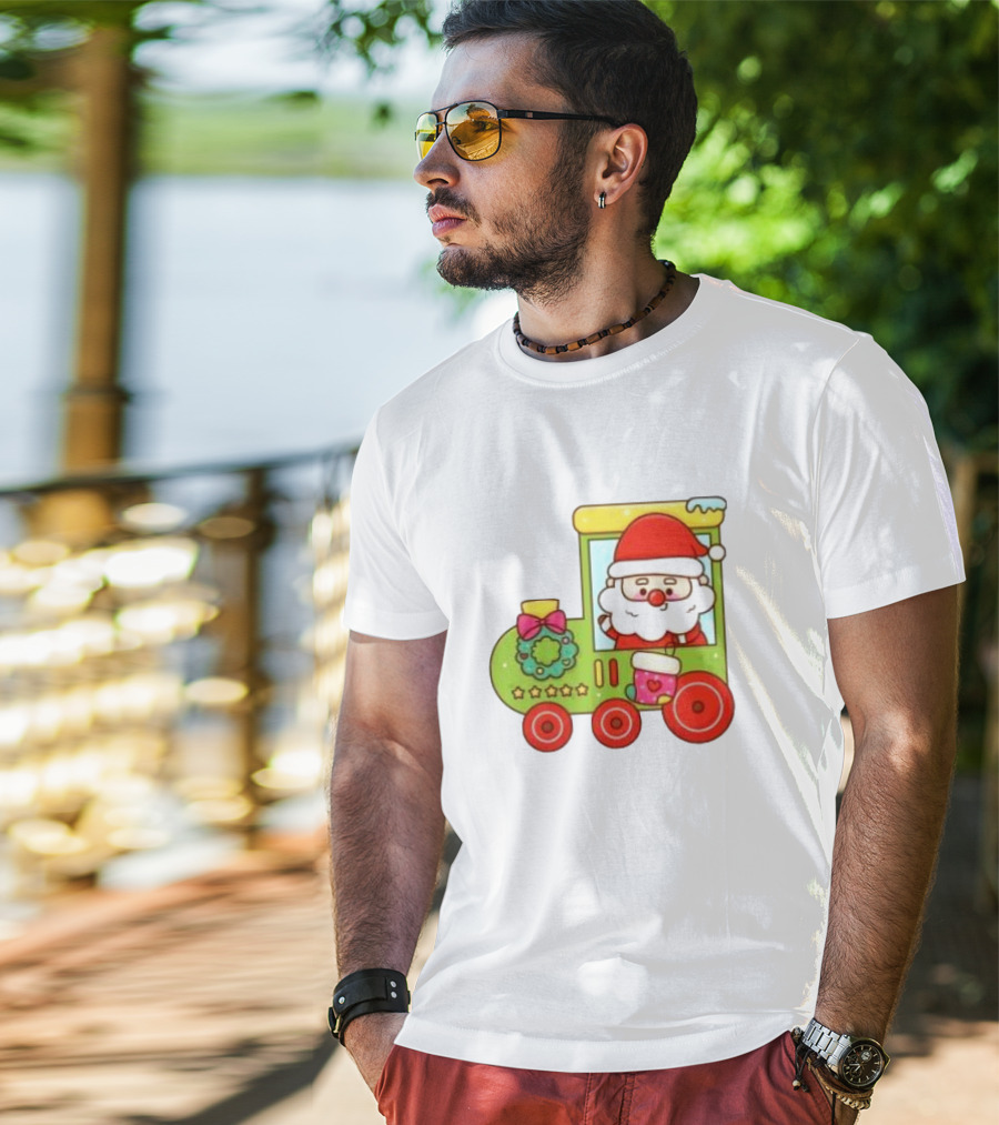 Santa Cute Christmas Train With Wreath And Stars T-Shirt