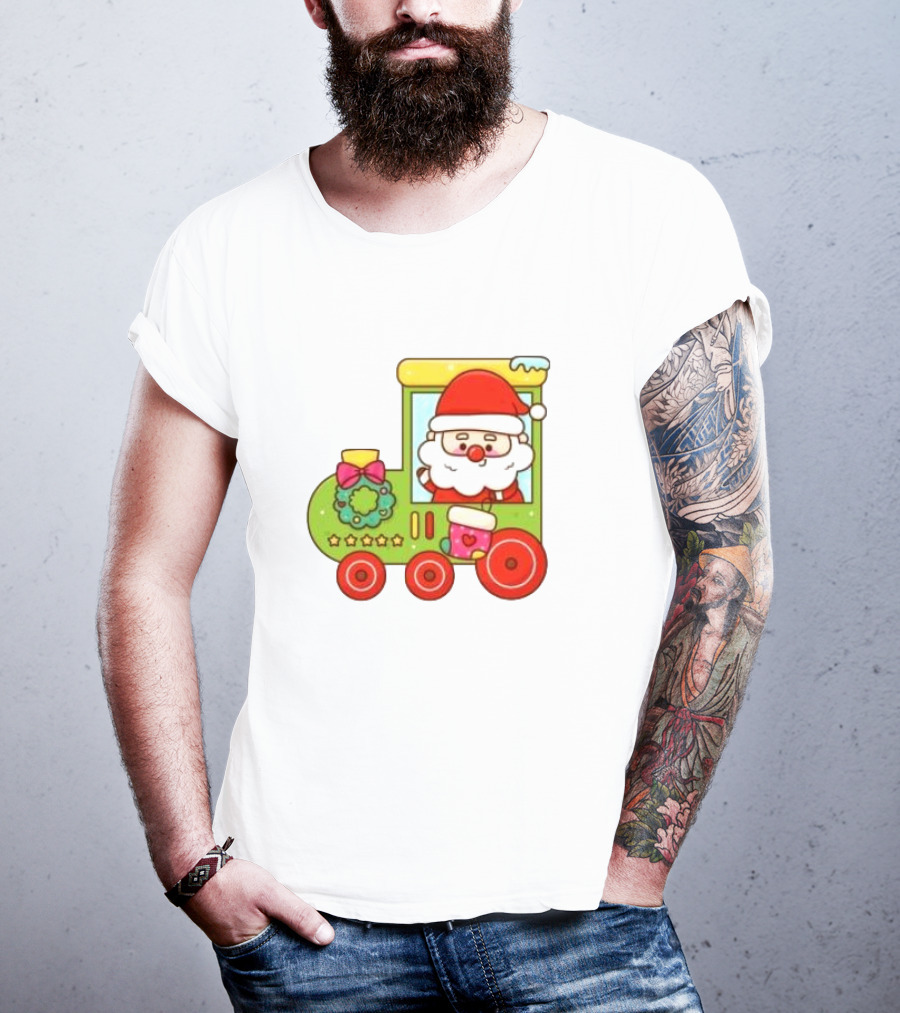 Santa Cute Christmas Train With Wreath And Stars T-Shirt