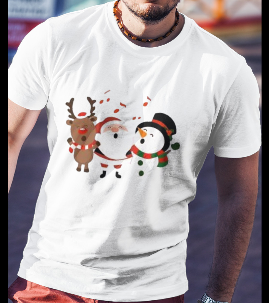 Santa Reindeer And Snowman Singing Christmas Carols Together T-Shirt