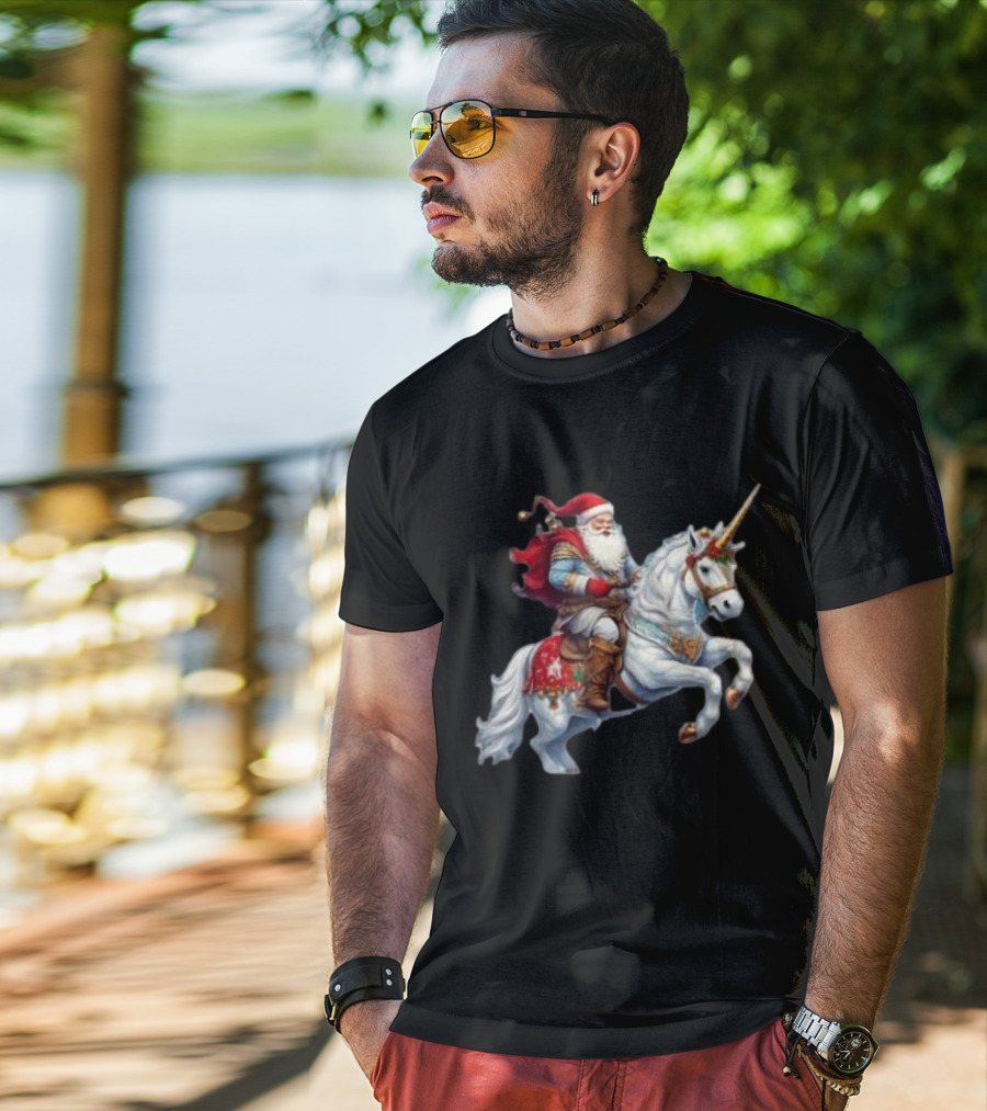 Santa Claus Riding Festive Unicorn Christmas T-Shirt