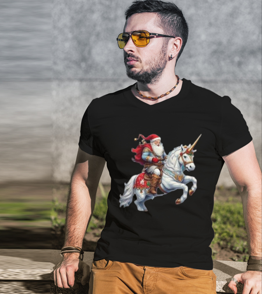 Santa Claus Riding Festive Unicorn Christmas T-Shirt