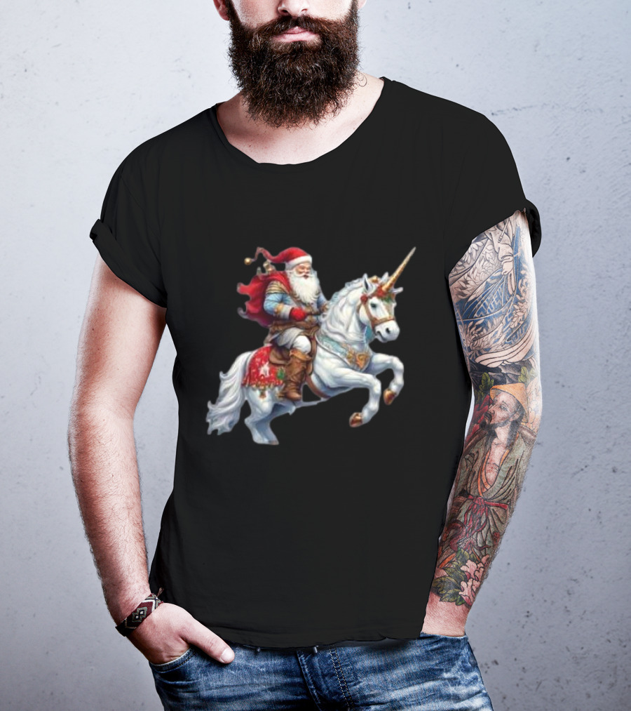 Santa Claus Riding Festive Unicorn Christmas T-Shirt