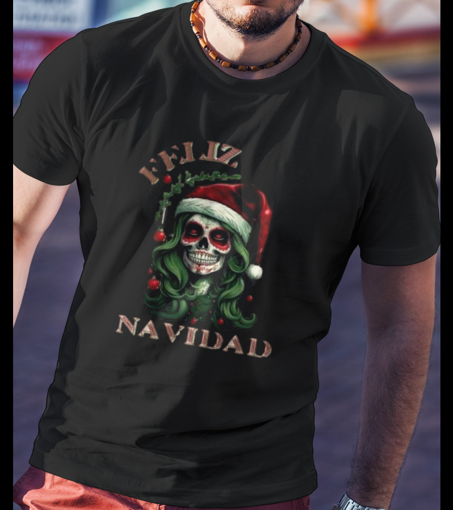 Feliz Navidad Skull Santa Hat Merry Christmas T-Shirt