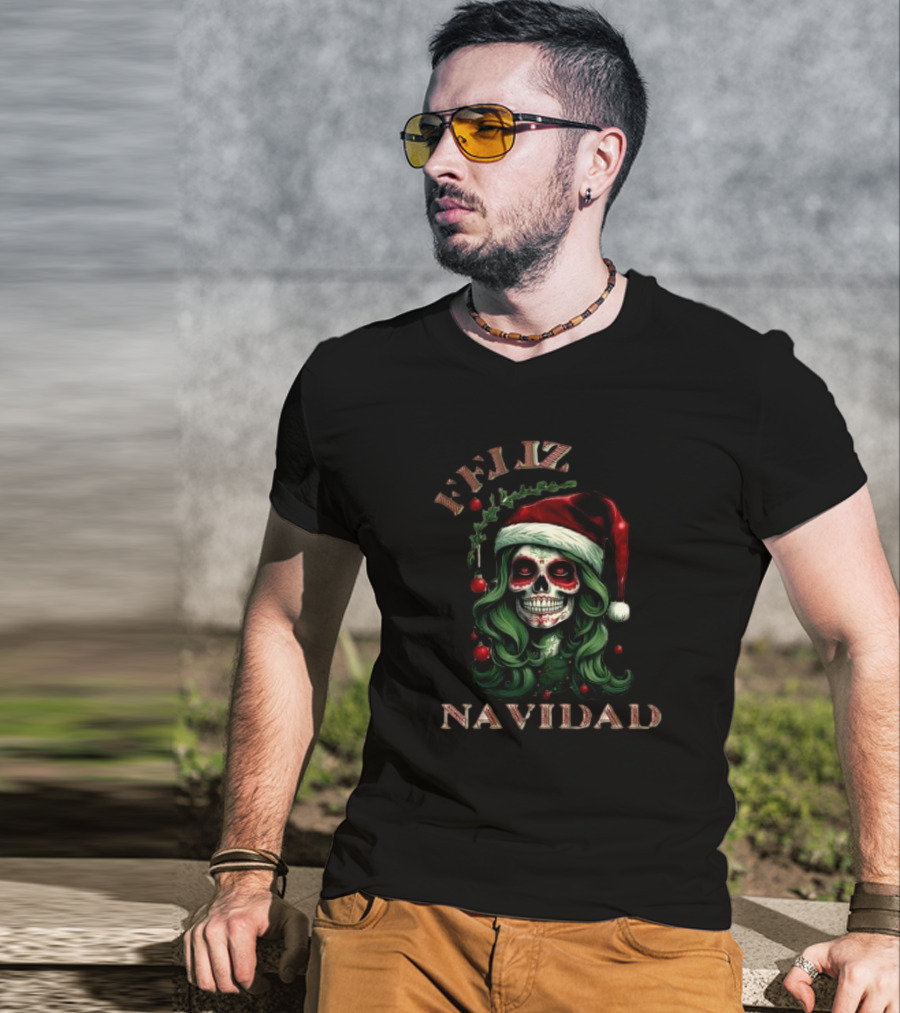 Feliz Navidad Skull Santa Hat Merry Christmas T-Shirt