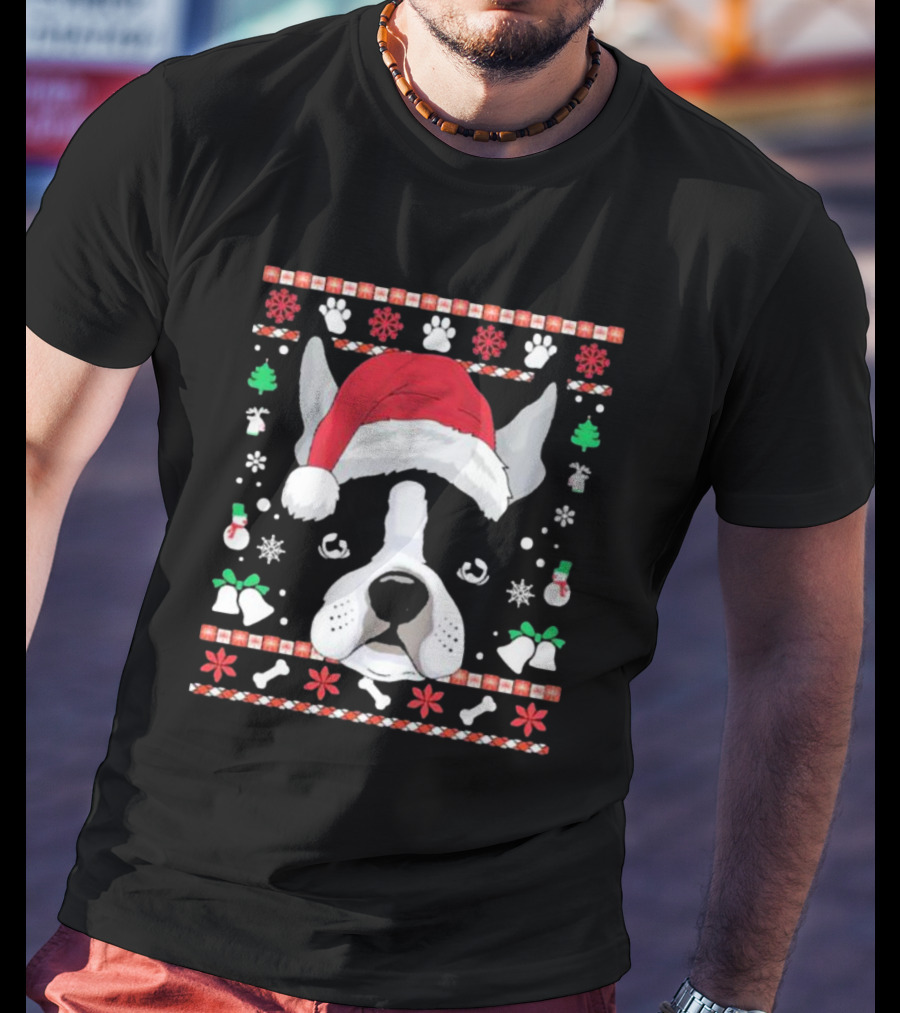 Ugly Christmas Boston Terrier In Santa Hat With Snowflakes And Paw Prints T-Shirt