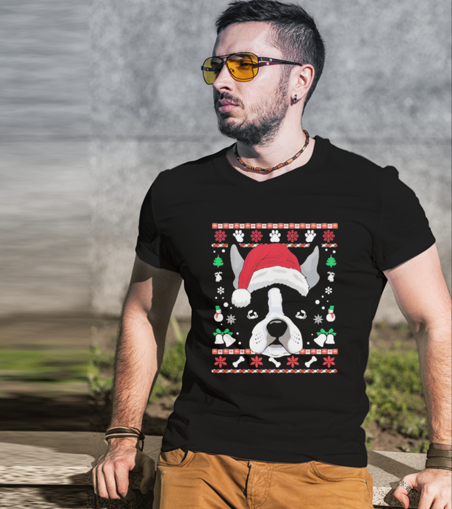 Ugly Christmas Boston Terrier In Santa Hat With Snowflakes And Paw Prints T-Shirt