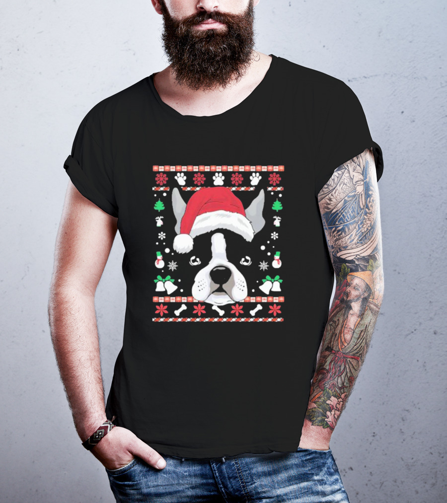Ugly Christmas Boston Terrier In Santa Hat With Snowflakes And Paw Prints T-Shirt