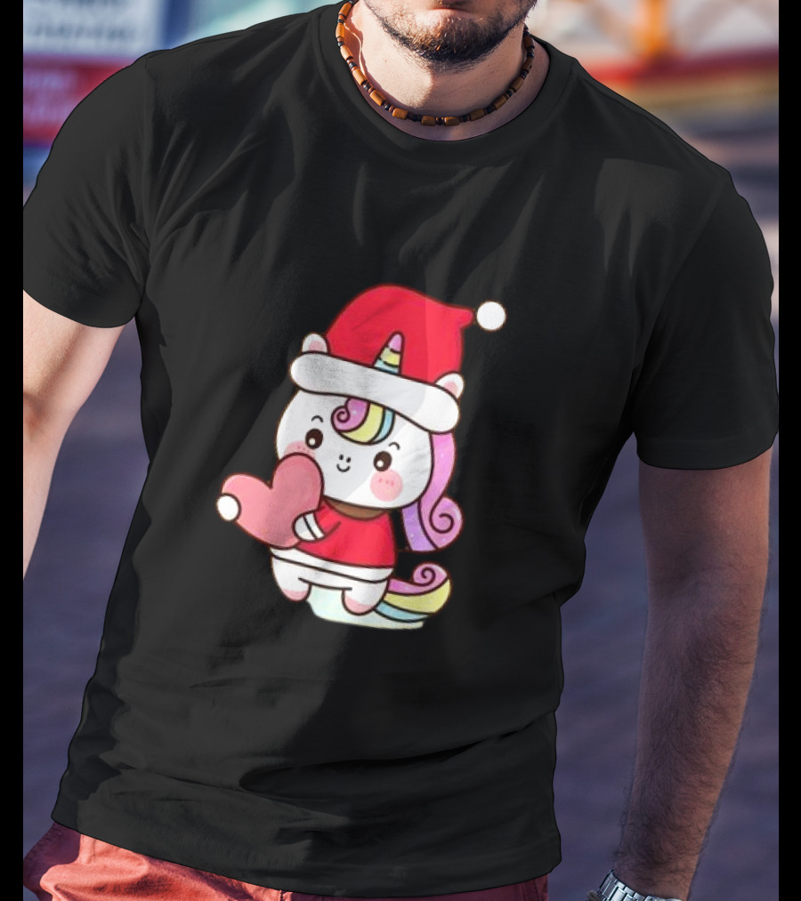 Unicorn Santa Hat Heart Christmas T-Shirt