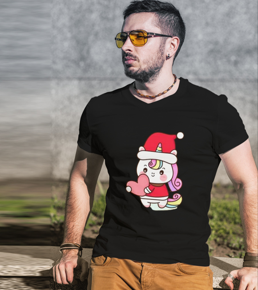 Unicorn Santa Hat Heart Christmas T-Shirt