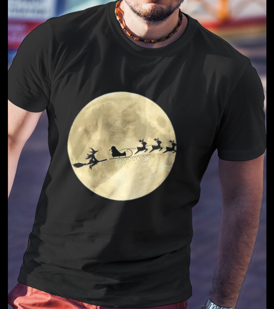 Witch Riding With Santa's Sleigh In Full Moon Christmas Scene T-Shirt