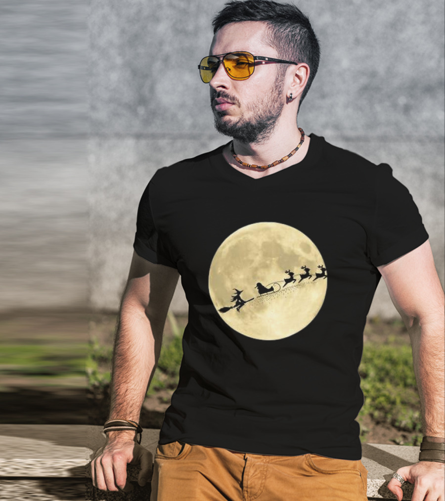 Witch Riding With Santa's Sleigh In Full Moon Christmas Scene T-Shirt