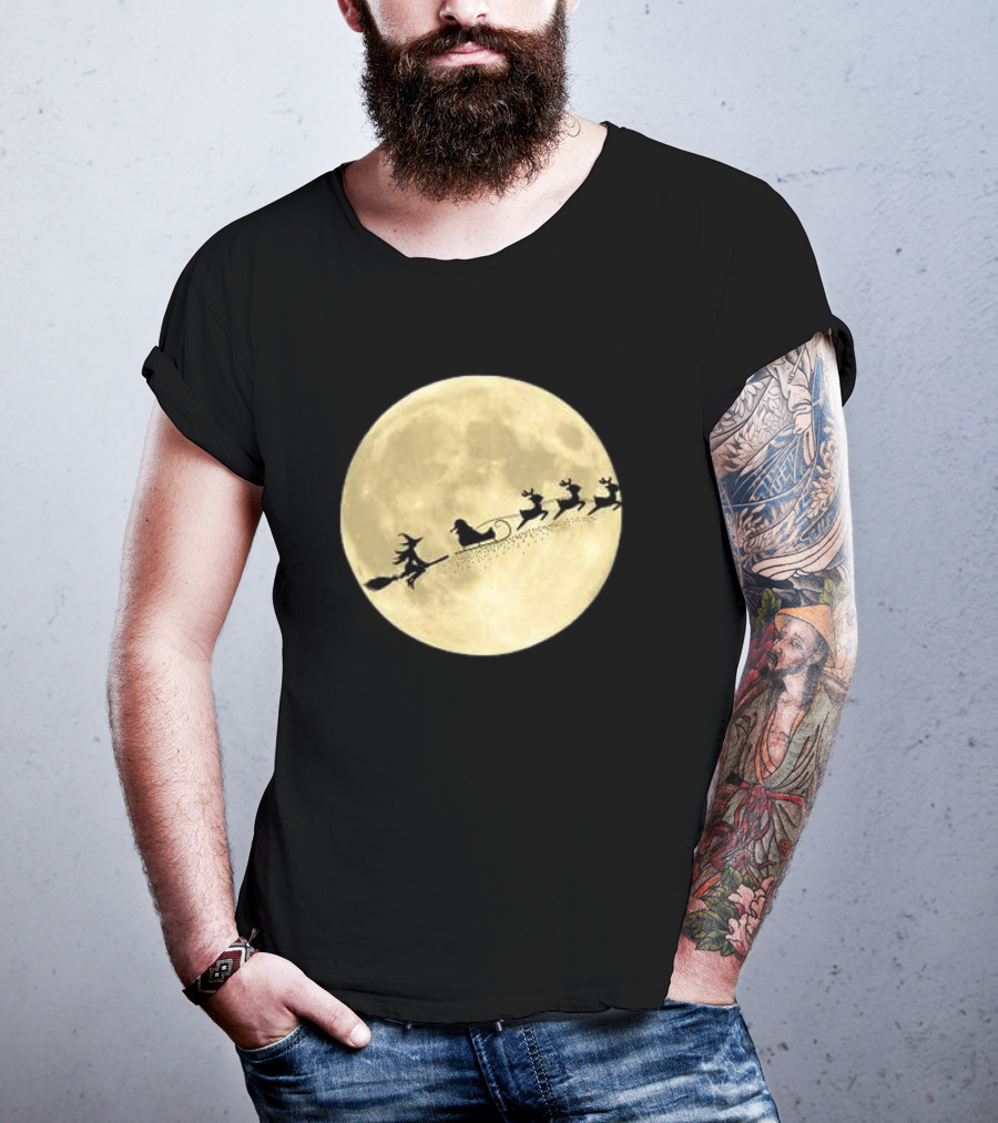 Witch Riding With Santa's Sleigh In Full Moon Christmas Scene T-Shirt