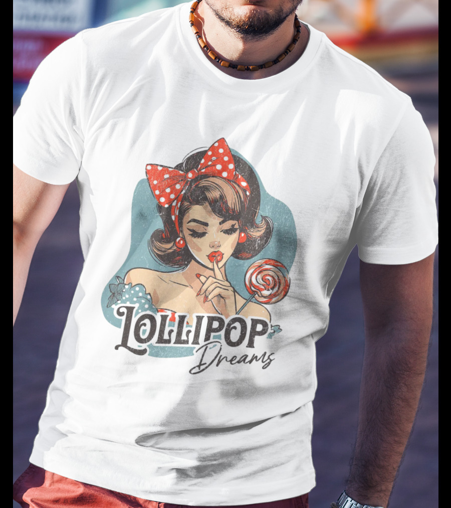 Lollipop Dreams Vintage Style Pinup Woman With Lollipop And Red Bow T-Shirt