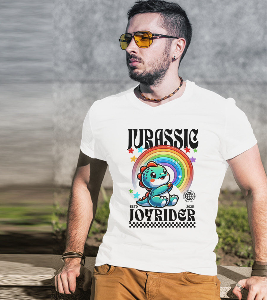 JURASSIC JOYRIDER ESTD 2025 Rainbow Star Dino Club T-Shirt