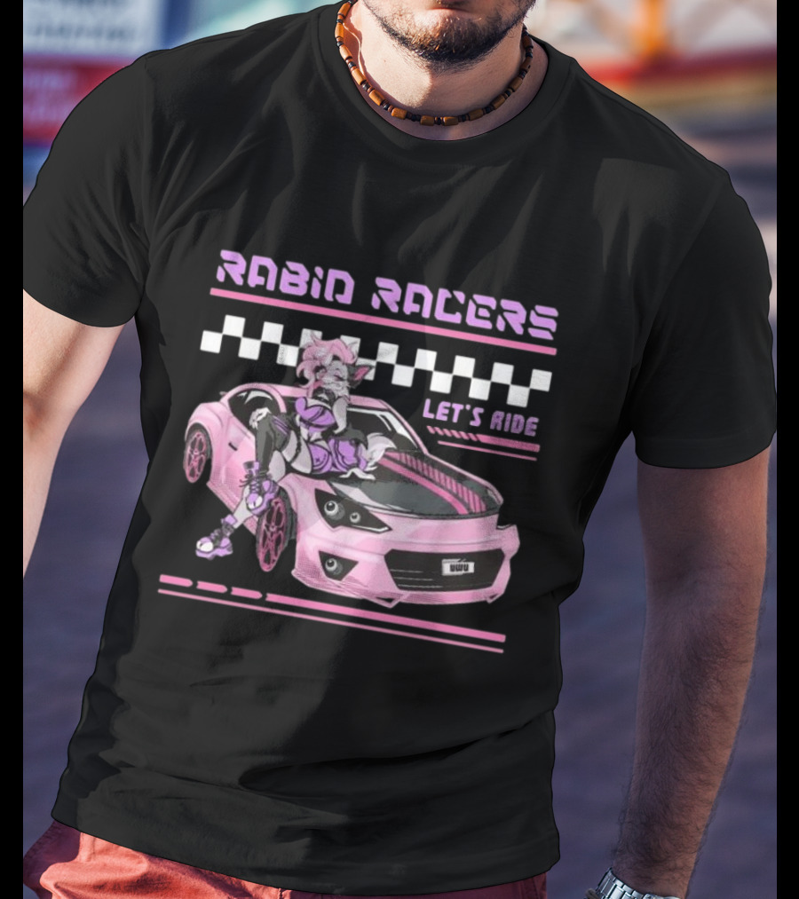 Rabid Racers Let’s Ride Pink Anime Style Racer Girl With Wufu License Plate T-Shirt