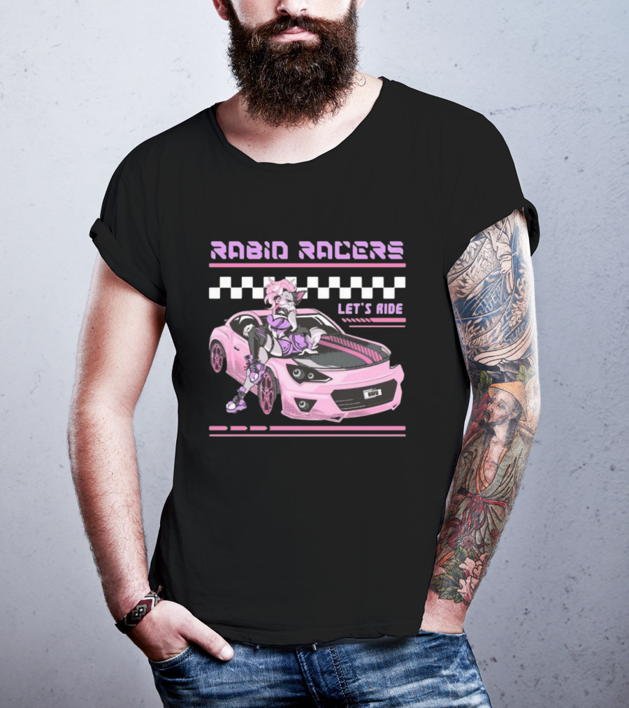 Rabid Racers Let’s Ride Pink Anime Style Racer Girl With Wufu License Plate T-Shirt