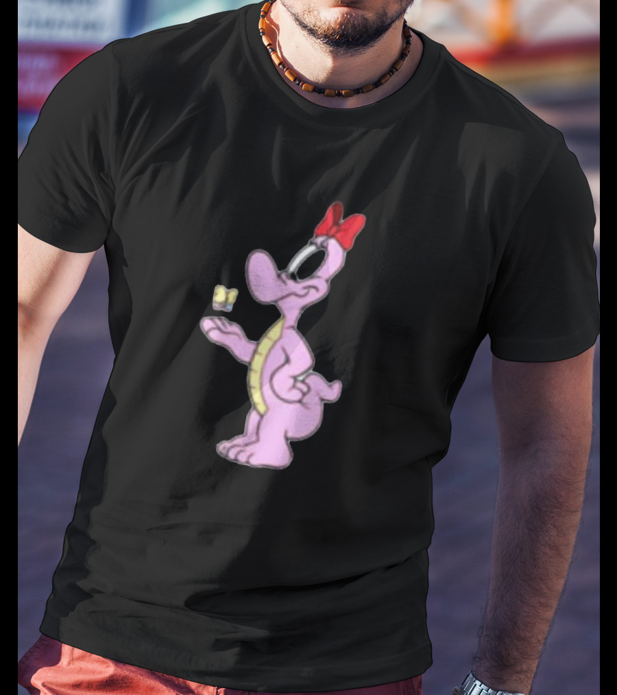 Pink Cartoon Dinosaur With Red Bow And Butterfly T-Shirt