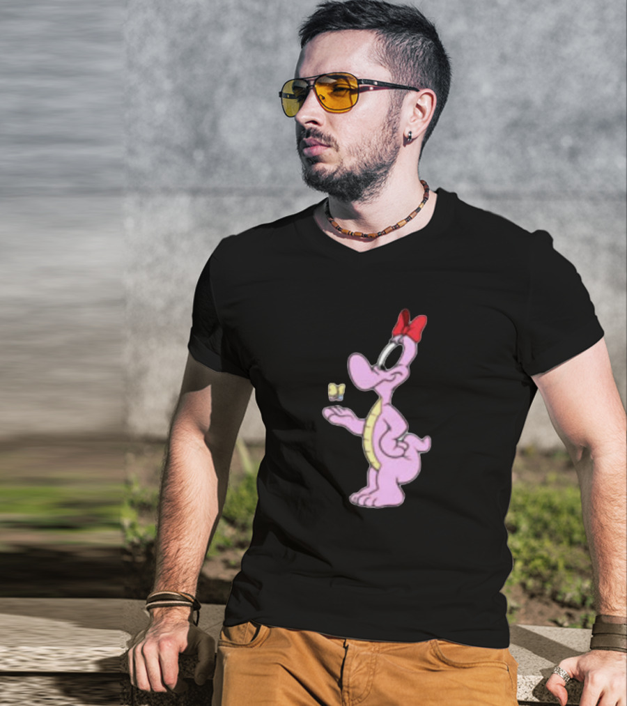 Pink Cartoon Dinosaur With Red Bow And Butterfly T-Shirt