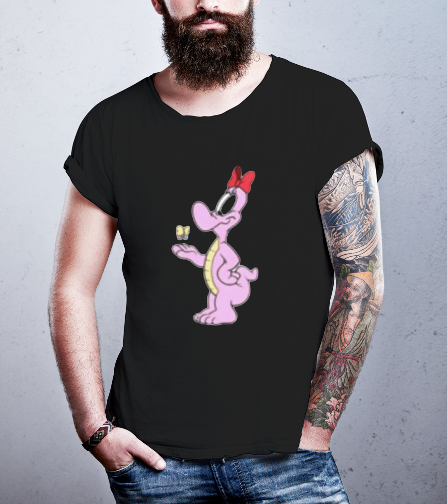 Pink Cartoon Dinosaur With Red Bow And Butterfly T-Shirt