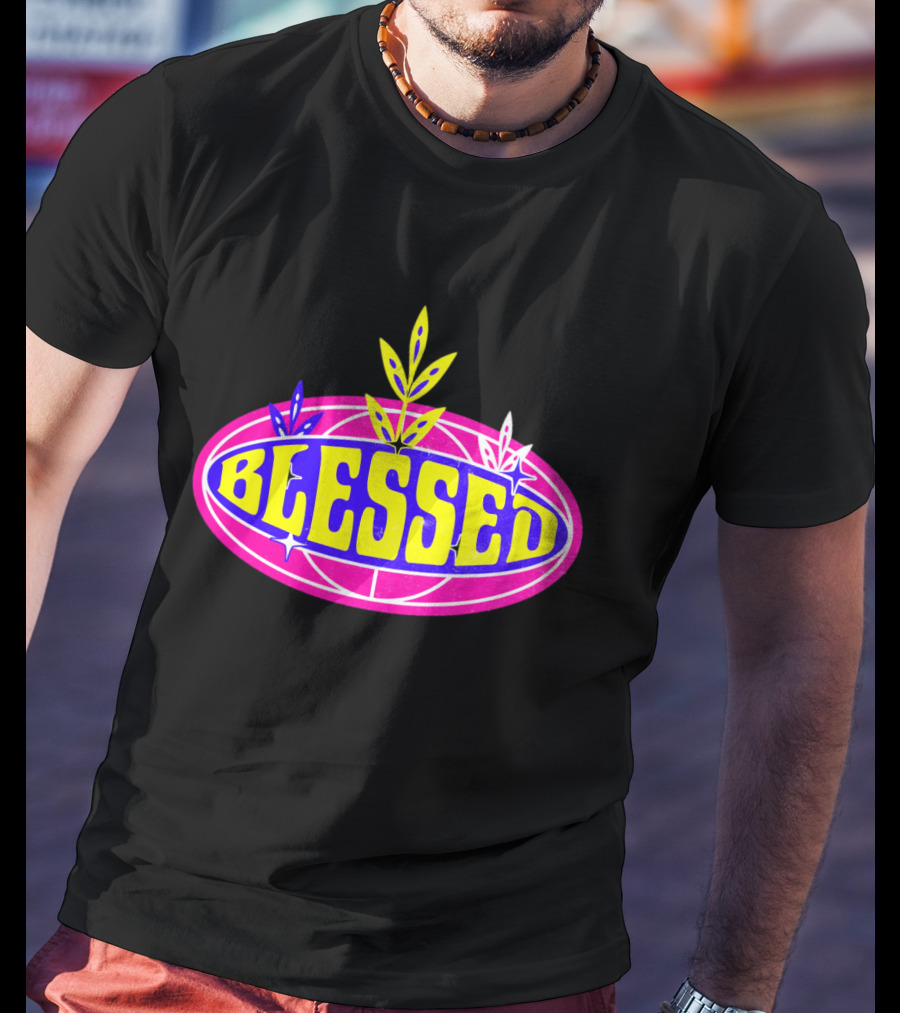 Blessed Vibrant Retro Style Oval Emblem With Leaves T-Shirt
