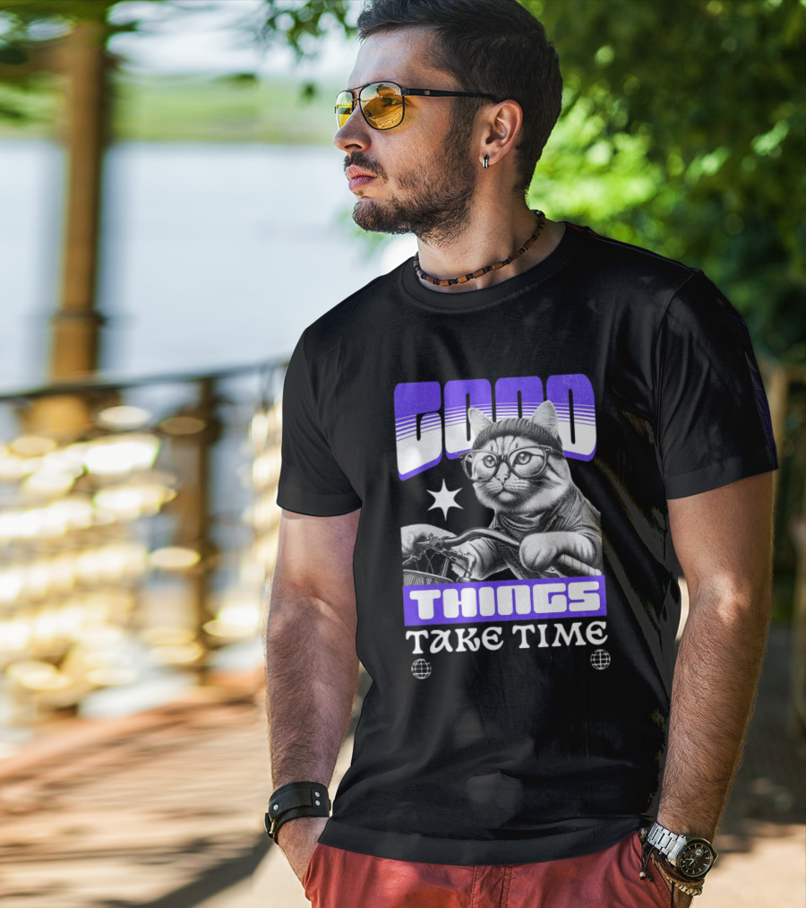 Good Things Take Time Cat In Glasses With Bicycle T-Shirt