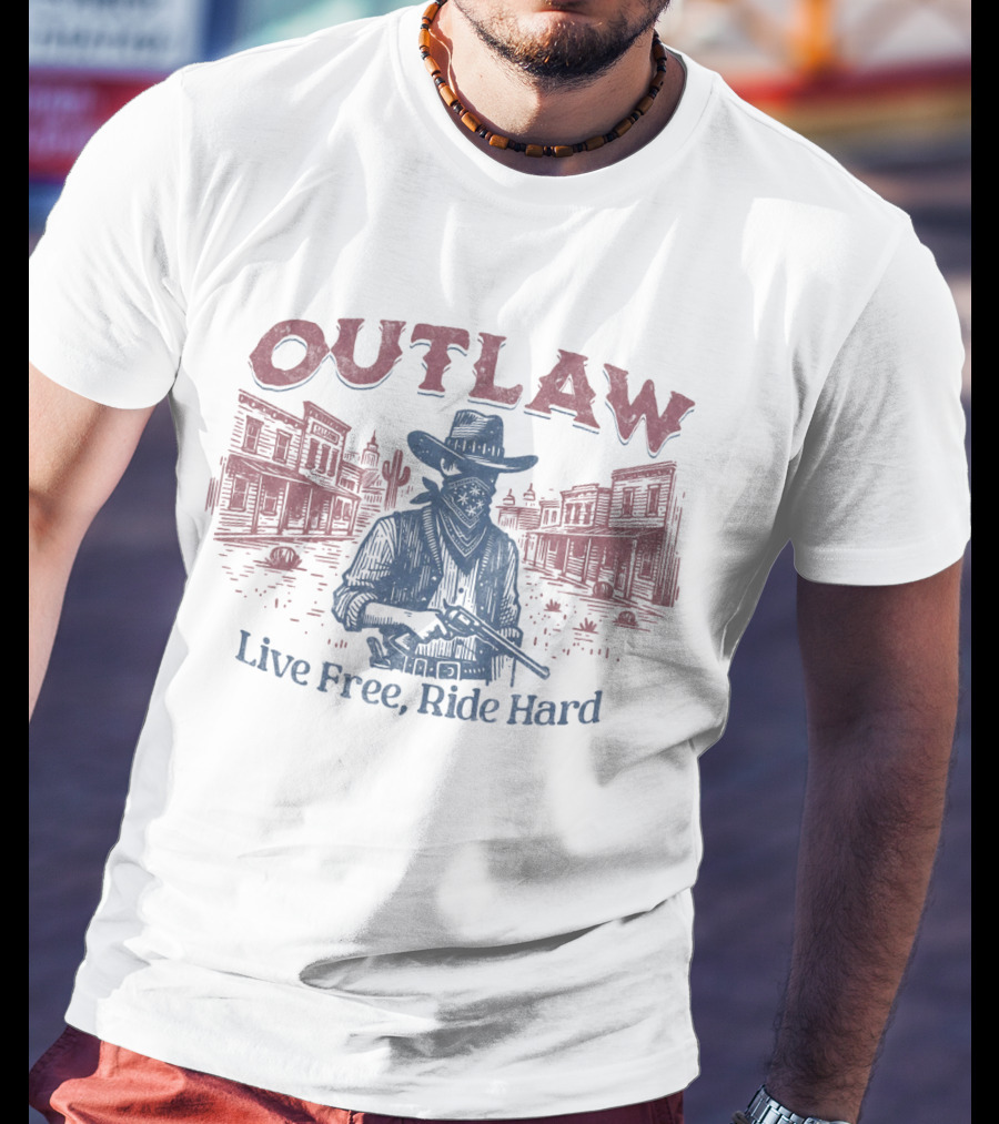 OUTLAW Live Free, Ride Hard Cowboy Western Scene T-Shirt