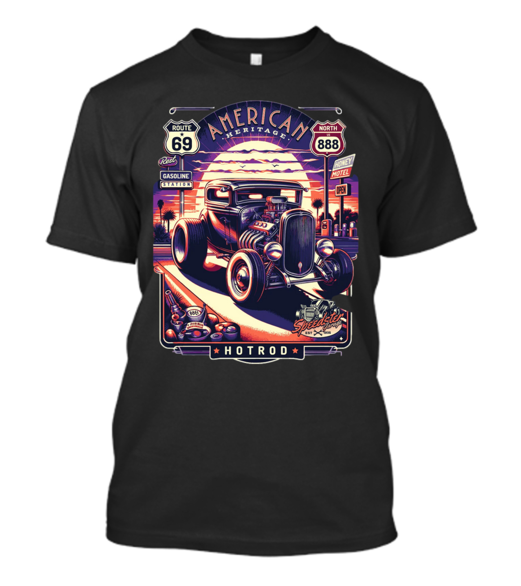 American Heritage Route 69 Hotrod Speedster Gasoline Motel T-Shirt