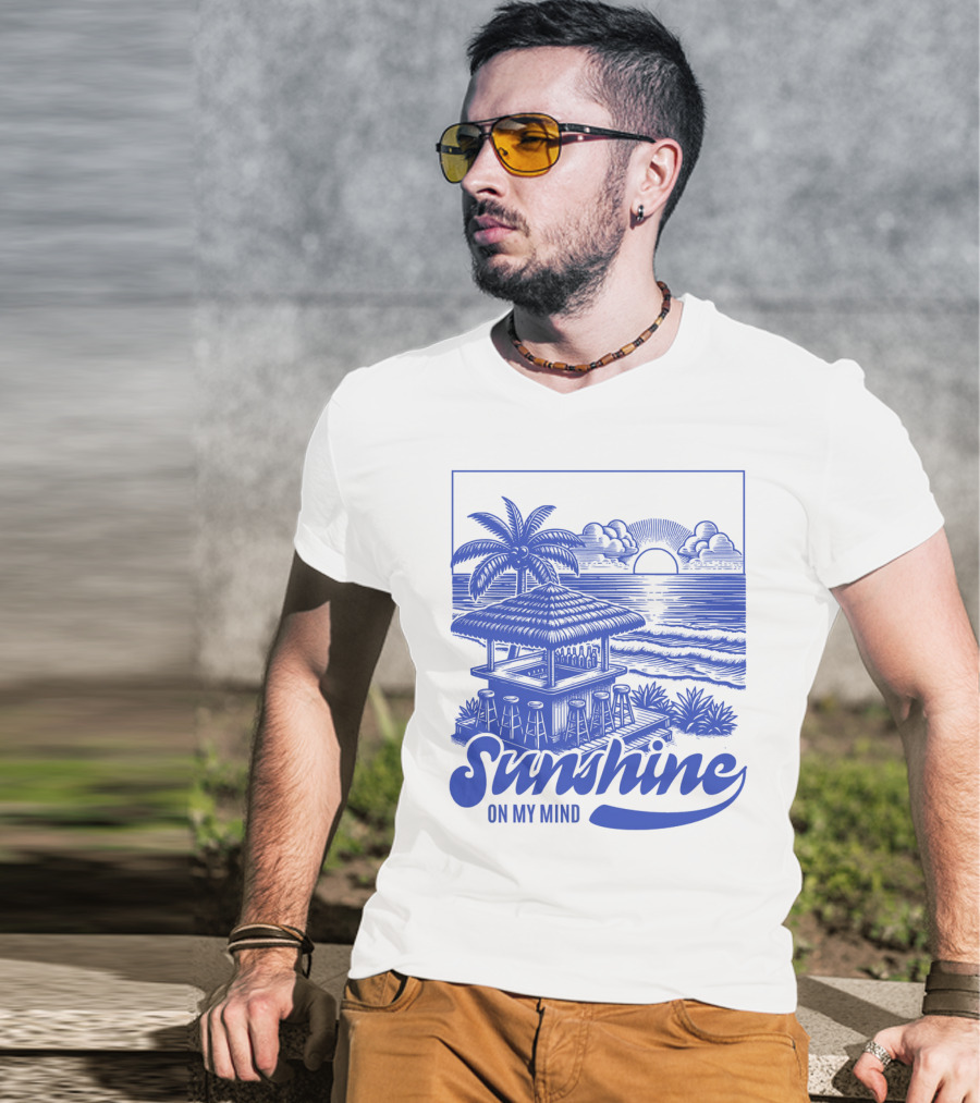 Sunshine On My Mind Vintage Beach Hut And Sunset Scene T-Shirt