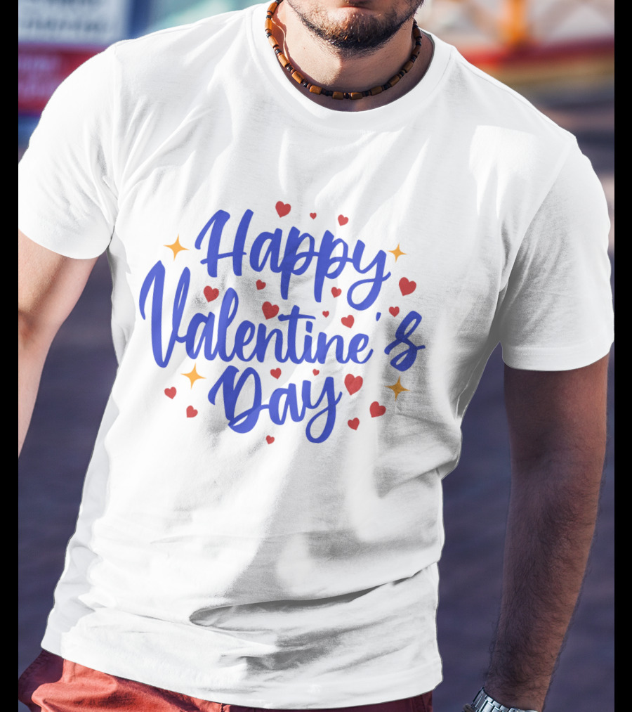 Happy Valentine's Day Blue Script With Hearts And Stars T-Shirt