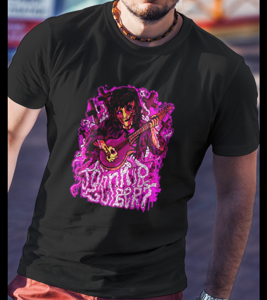 Zombie Johnnie Guilbert Playing Guitar With Pink Crosses And Skull T-Shirt