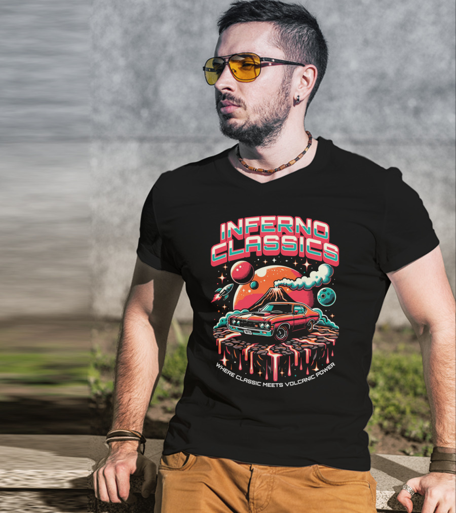INFERNO CLASSICS WHERE CLASSIC MEETS VOLCANIC POWER PLANETARY MUSCLE CAR VOLCANO SCENE T-Shirt