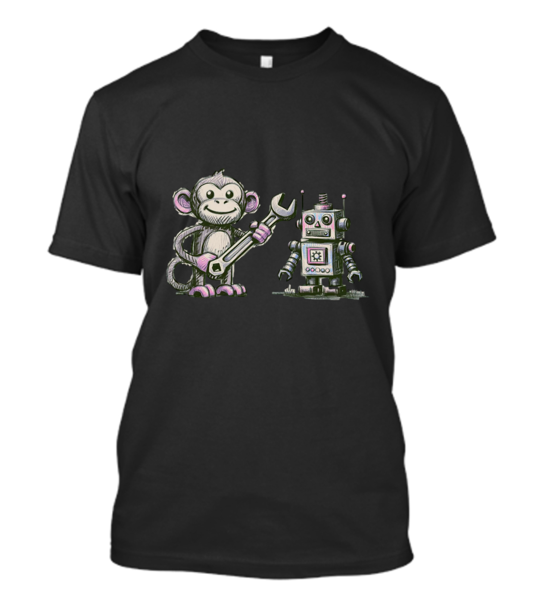 Monkey Wrench Holding Monkey And Robot Companion T-Shirt