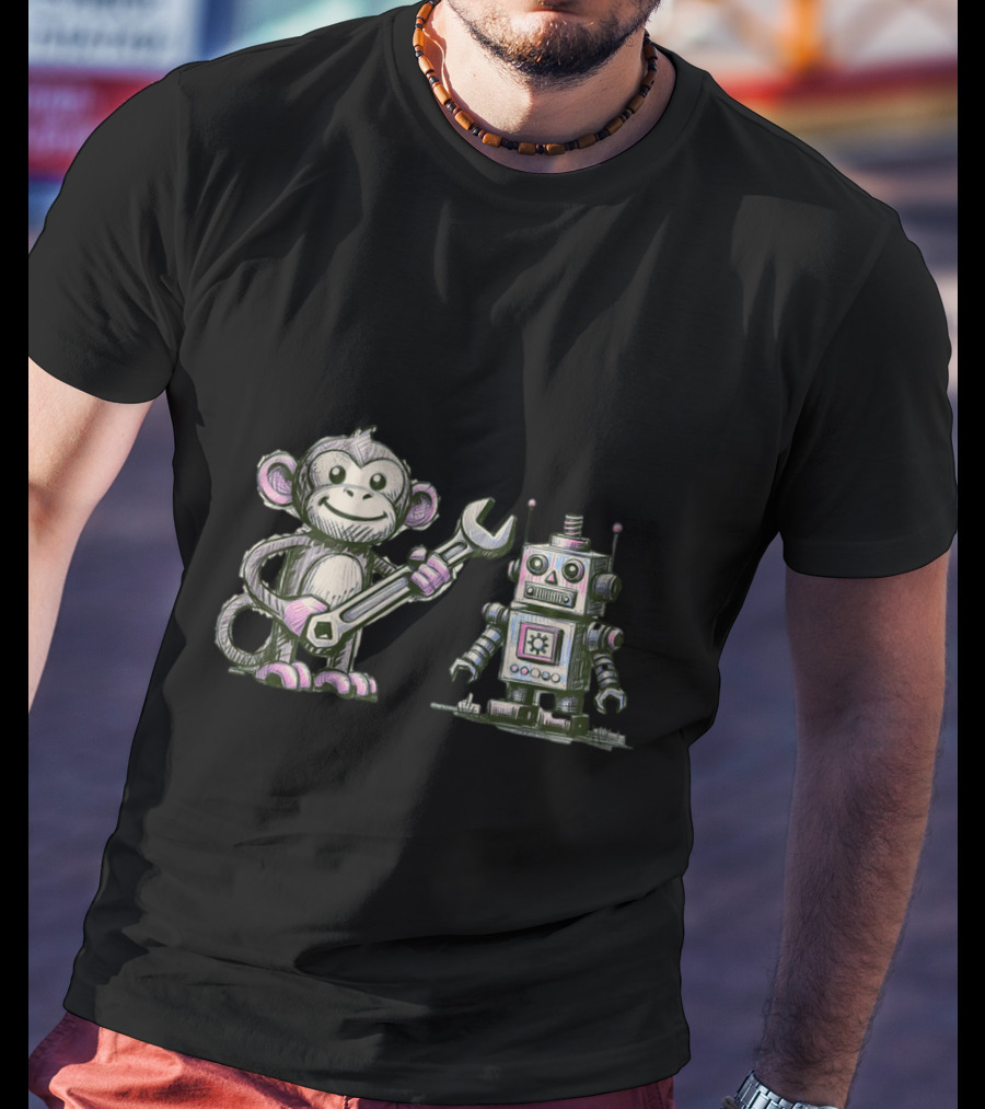 Monkey Wrench Holding Monkey And Robot Companion T-Shirt