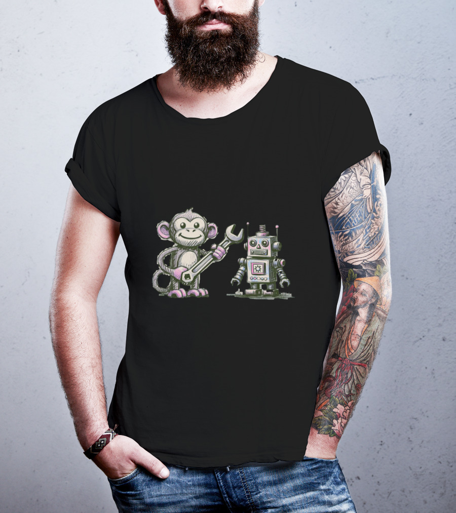 Monkey Wrench Holding Monkey And Robot Companion T-Shirt
